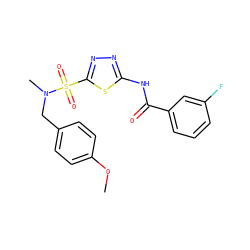 COc1ccc(CN(C)S(=O)(=O)c2nnc(NC(=O)c3cccc(F)c3)s2)cc1 ZINC000009224677