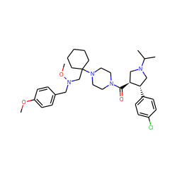 COc1ccc(CN(CC2(N3CCN(C(=O)[C@H]4CN(C(C)C)C[C@@H]4c4ccc(Cl)cc4)CC3)CCCCC2)OC)cc1 ZINC000028954022