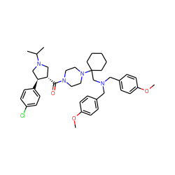 COc1ccc(CN(Cc2ccc(OC)cc2)CC2(N3CCN(C(=O)[C@H]4CN(C(C)C)C[C@@H]4c4ccc(Cl)cc4)CC3)CCCCC2)cc1 ZINC000028954020