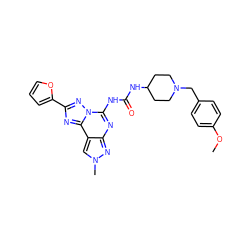 COc1ccc(CN2CCC(NC(=O)Nc3nc4nn(C)cc4c4nc(-c5ccco5)nn34)CC2)cc1 ZINC000084689265