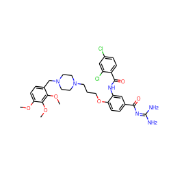 COc1ccc(CN2CCN(CCCOc3ccc(C(=O)N=C(N)N)cc3NC(=O)c3ccc(Cl)cc3Cl)CC2)c(OC)c1OC ZINC000072142596