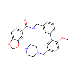 COc1ccc(CN2CCNCC2)cc1-c1cccc(CNC(=O)c2ccc3c(c2)OCO3)c1 ZINC000040951269