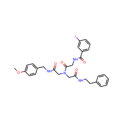 COc1ccc(CNC(=O)CN(CC(=O)NCCc2ccccc2)C(=O)CNC(=O)c2cccc(I)c2)cc1 ZINC000028523109