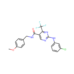 COc1ccc(CNC(=O)c2cnc(Nc3cccc(Cl)c3)nc2C(F)(F)F)cc1 ZINC000028645316