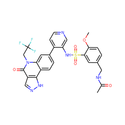 COc1ccc(CNC(C)=O)cc1S(=O)(=O)Nc1cnccc1-c1ccc2c3[nH]ncc3c(=O)n(CC(F)(F)F)c2c1 ZINC000220108117