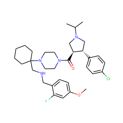 COc1ccc(CNCC2(N3CCN(C(=O)[C@H]4CN(C(C)C)C[C@@H]4c4ccc(Cl)cc4)CC3)CCCCC2)c(F)c1 ZINC000028954006