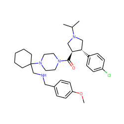 COc1ccc(CNCC2(N3CCN(C(=O)[C@H]4CN(C(C)C)C[C@@H]4c4ccc(Cl)cc4)CC3)CCCCC2)cc1 ZINC000028953981