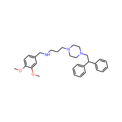 COc1ccc(CNCCCN2CCN(CC(c3ccccc3)c3ccccc3)CC2)cc1OC ZINC000299856866