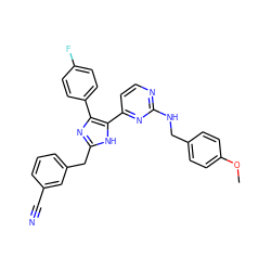 COc1ccc(CNc2nccc(-c3[nH]c(Cc4cccc(C#N)c4)nc3-c3ccc(F)cc3)n2)cc1 ZINC000040934539