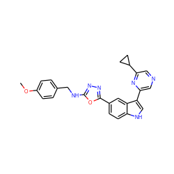 COc1ccc(CNc2nnc(-c3ccc4[nH]cc(-c5cncc(C6CC6)n5)c4c3)o2)cc1 ZINC000221719271