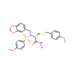 COc1ccc(CSC[C@H](C(=O)NO)N(Cc2ccc3c(c2)OCO3)S(=O)(=O)c2ccc(OC)cc2)cc1 ZINC000028236722