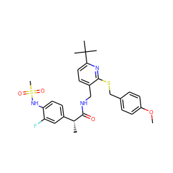 COc1ccc(CSc2nc(C(C)(C)C)ccc2CNC(=O)[C@H](C)c2ccc(NS(C)(=O)=O)c(F)c2)cc1 ZINC001772611999