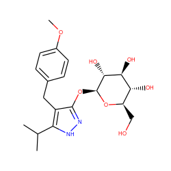 COc1ccc(Cc2c(O[C@@H]3O[C@H](CO)[C@@H](O)[C@H](O)[C@H]3O)n[nH]c2C(C)C)cc1 ZINC000095578984