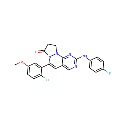 COc1ccc(Cl)c(C2=Cc3cnc(Nc4ccc(F)cc4)nc3N3CCC(=O)N23)c1 ZINC000036187656