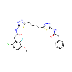 COc1ccc(Cl)c(CC(=O)Nc2nnc(CCCCc3nnc(NC(=O)Cc4ccccc4)s3)s2)c1F ZINC000169698235