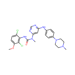 COc1ccc(Cl)c(NC(=O)N(C)c2cc(Nc3ccc(N4CCN(C)CC4)cc3)ncn2)c1Cl ZINC000068045338