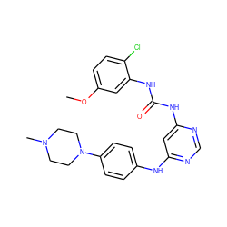 COc1ccc(Cl)c(NC(=O)Nc2cc(Nc3ccc(N4CCN(C)CC4)cc3)ncn2)c1 ZINC000072124586