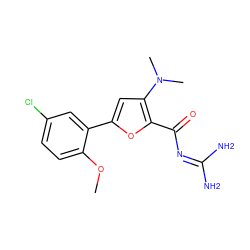 COc1ccc(Cl)cc1-c1cc(N(C)C)c(C(=O)N=C(N)N)o1 ZINC000028822461