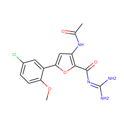 COc1ccc(Cl)cc1-c1cc(NC(C)=O)c(C(=O)N=C(N)N)o1 ZINC000028822465