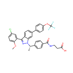 COc1ccc(Cl)cc1-c1nn([C@@H](C)c2ccc(C(=O)NCCC(=O)O)cc2)c2cc(-c3ccc(OC(F)(F)F)cc3)ccc12 ZINC000473090590