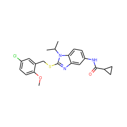 COc1ccc(Cl)cc1CSc1nc2cc(NC(=O)C3CC3)ccc2n1C(C)C ZINC000028524709