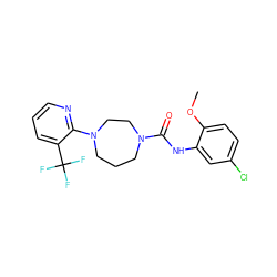 COc1ccc(Cl)cc1NC(=O)N1CCCN(c2ncccc2C(F)(F)F)CC1 ZINC000169349275