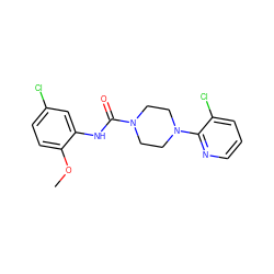 COc1ccc(Cl)cc1NC(=O)N1CCN(c2ncccc2Cl)CC1 ZINC000169348406