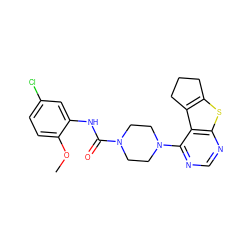 COc1ccc(Cl)cc1NC(=O)N1CCN(c2ncnc3sc4c(c23)CCC4)CC1 ZINC000169348408