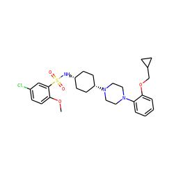 COc1ccc(Cl)cc1S(=O)(=O)N[C@H]1CC[C@@H](N2CCN(c3ccccc3OCC3CC3)CC2)CC1 ZINC000253654990