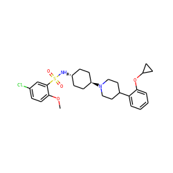 COc1ccc(Cl)cc1S(=O)(=O)N[C@H]1CC[C@H](N2CCC(c3ccccc3OC3CC3)CC2)CC1 ZINC000101132110