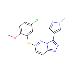 COc1ccc(Cl)cc1Sc1ccc2nnc(-c3cnn(C)c3)n2n1 ZINC000299833436