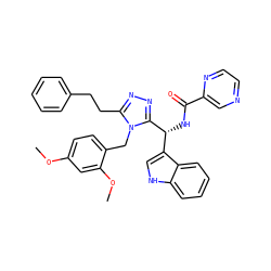 COc1ccc(Cn2c(CCc3ccccc3)nnc2[C@H](NC(=O)c2cnccn2)c2c[nH]c3ccccc23)c(OC)c1 ZINC000028973228