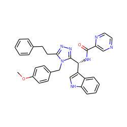 COc1ccc(Cn2c(CCc3ccccc3)nnc2[C@H](NC(=O)c2cnccn2)c2c[nH]c3ccccc23)cc1 ZINC000028973233