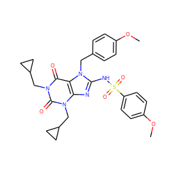 COc1ccc(Cn2c(NS(=O)(=O)c3ccc(OC)cc3)nc3c2c(=O)n(CC2CC2)c(=O)n3CC2CC2)cc1 ZINC000100740318