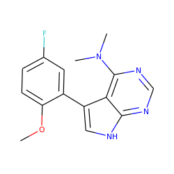 COc1ccc(F)cc1-c1c[nH]c2ncnc(N(C)C)c12 ZINC000224875596