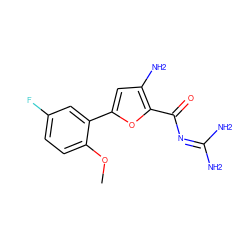 COc1ccc(F)cc1-c1cc(N)c(C(=O)N=C(N)N)o1 ZINC000028822444