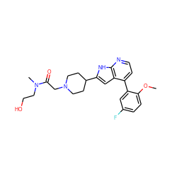 COc1ccc(F)cc1-c1ccnc2[nH]c(C3CCN(CC(=O)N(C)CCO)CC3)cc12 ZINC000226057802