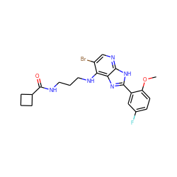 COc1ccc(F)cc1-c1nc2c(NCCCNC(=O)C3CCC3)c(Br)cnc2[nH]1 ZINC000084618051