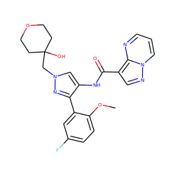 COc1ccc(F)cc1-c1nn(CC2(O)CCOCC2)cc1NC(=O)c1cnn2cccnc12 ZINC000169072715