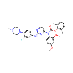 COc1ccc(N(C(=O)Oc2c(C)cccc2C)c2ccnc(Nc3ccc(N4CCN(C)CC4)c(F)c3)n2)c(OC)c1 ZINC000006745004