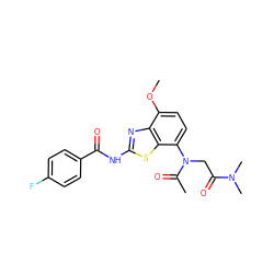 COc1ccc(N(CC(=O)N(C)C)C(C)=O)c2sc(NC(=O)c3ccc(F)cc3)nc12 ZINC000053276439