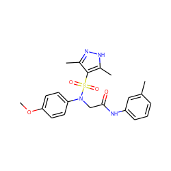 COc1ccc(N(CC(=O)Nc2cccc(C)c2)S(=O)(=O)c2c(C)n[nH]c2C)cc1 ZINC000003958805