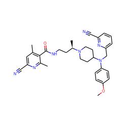 COc1ccc(N(Cc2cccc(C#N)n2)C2CCN([C@H](C)CCNC(=O)c3c(C)cc(C#N)nc3C)CC2)cc1 ZINC000073198857