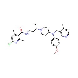 COc1ccc(N(Cc2cnccc2C)C2CCN([C@@H](C)CCNC(=O)c3c(C)cc(Cl)nc3C)CC2)cc1 ZINC000073198279