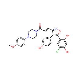 COc1ccc(N2CCN(C(=O)/C=C/c3noc(-c4cc(Cl)c(O)cc4O)c3-c3ccc(O)cc3)CC2)cc1 ZINC000299828736