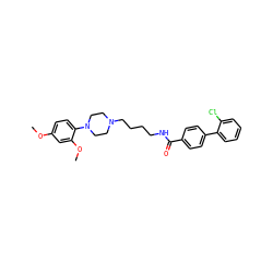 COc1ccc(N2CCN(CCCCNC(=O)c3ccc(-c4ccccc4Cl)cc3)CC2)c(OC)c1 ZINC000045254628