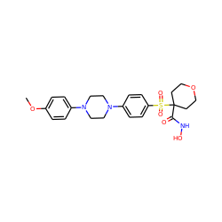 COc1ccc(N2CCN(c3ccc(S(=O)(=O)C4(C(=O)NO)CCOCC4)cc3)CC2)cc1 ZINC000049045621