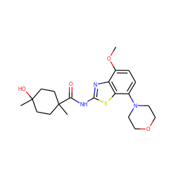 COc1ccc(N2CCOCC2)c2sc(NC(=O)C3(C)CCC(C)(O)CC3)nc12 ZINC001772631985