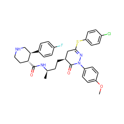 COc1ccc(N2N=C(Sc3ccc(Cl)cc3)C[C@H](CC[C@@H](C)NC(=O)[C@@H]3CCNC[C@H]3c3ccc(F)cc3)C2=O)cc1 ZINC000028461599