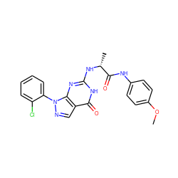 COc1ccc(NC(=O)[C@@H](C)Nc2nc3c(cnn3-c3ccccc3Cl)c(=O)[nH]2)cc1 ZINC000095572357